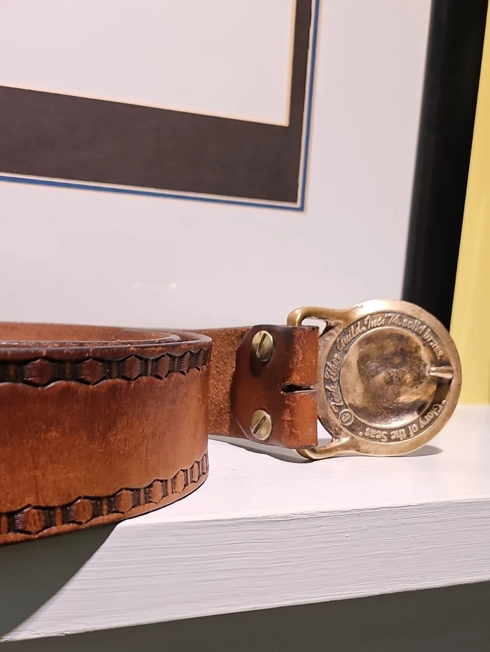 Tech Ether Guild Inc. 1974 Solid Brass Buckle W/ Tooled Belt